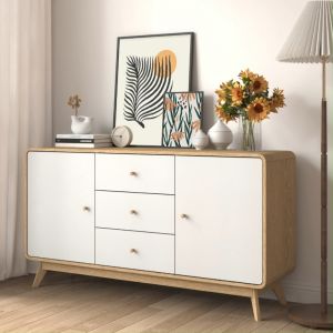 Panelbond Nordic Elegance Oak Wood Sideboard with 2 Doors & 3 Drawers Adjustable Shelves and Durable Wooden Legs Tv Cabinet for Bedroom Living Room