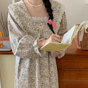 2025 New Pure Cotton Flannel Sleep Dress Womens Floral Cute Princess Style Home Clothes Spring Autumn Mid-Length Sleeve Long