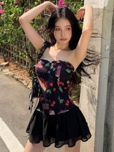 GUZILIAN | Pure Desire Style Summer New Retro Dream Cherry Strawberry Flavor Vacation Sweet Print Slim Fit Strapless Dress Korean Version A-Line Skirt Short Skirt No Sleeve