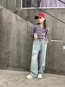 Wide-leg Pants Trendy Autumn Loose-fitting Childrens Clothing with Butterfly Patch Trousers/Leggings for Kids