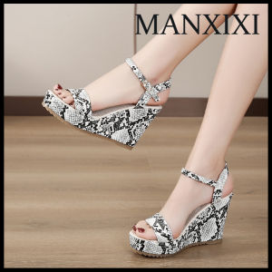 MANXIXI Fashion Women Wedge Heels 3.93 Inches Beautiful Snake Skin Pattern Sandals (Size 35-42)