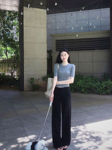 Minimalist Solid Color Versatile Shoulder round Neck Short Sleeve T-Shirt Womens Base Layer Slimming Summer New Style Cotton