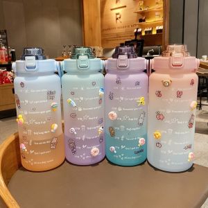 SHUNO 2l/3D Stickers Cute Water Bottle Botol Air Viral With Straw 2000ml 2 Liter Besar Plastik Murah 1000ml 網紅水壺瓶大容量