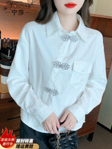 เสื้อเชิ้ตผ้าชีฟองแขนยาวสีขาวสไตล์จีนใหม่สำหรับผู้หญิงในฤดูใบไม้ร่วงและฤดูหนาว เสื้อเชิ้ตสไตล์ฝรั่งเศสคุณภาพสูง