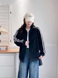 เสื้อแจ็คเก็ตสปอร์ตสีดำ สำหรับผู้หญิง ไซส์ใหญ่ ฤดูใบไม้ร่วง ซิป สายรัด แจ็คเก็ตเบสบอล ทรงหลวม แขนยาว ปกโปโล แฟชั่นลำลอง