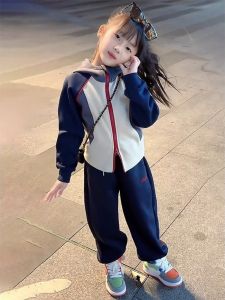 Girls Sporty Casual Outfit Autumn New Style Fashionable Two-Piece Set Childrens Clothing Warmth Function Zipper Closure Color Block Pattern