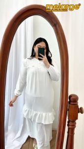 MELARGE Faouzia Gamis Dress Crinkle Putih Wanita Jumbo LD 120 Busui Terbaru - Gamis Dress Lebaran