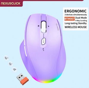 NexusClick Dual Mode Wireless Rechargeable MouseErgonomic Thumb SupportRGB Silent Mice Multi-Device Connection for Office Home