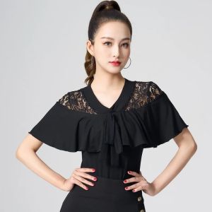 Women Ruffled Lace Long Sleeve Dance Top Latin Samba Ballroom Practice Party Competition Performance Costume Dancewear