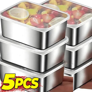 【Swan Home】1/5x Stainless Steel Food Container Thicken Freezer Crisper Rectangular Food Storage Pan with Lid Dish Tray Freshing Lunch Plate