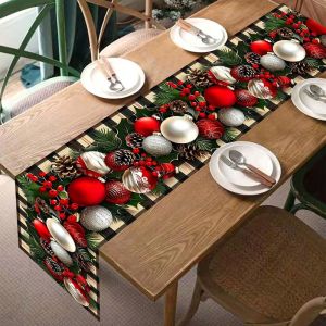 VIKAMA Giáng Sinh Khăn Trải Bàn Đỏ Bạc Baubles Pinecone Holly Buffalo Kẻ Sọc Kỳ Nghỉ Mùa Đông Bàn Ăn Cờ Trang Trí