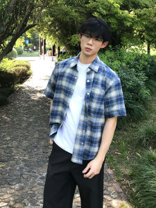 OUMULONG | Blue Plaid Short Sleeve Retro Turn-Down Collar Shirt