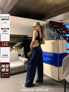 Ranwear Du Home Vintage Backless Strapless Denim Vest High Waist Straight Leg Pants Matching Set Summer Fashion Ladies Cotton round Neck Overalls