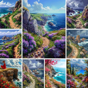 Coloring By Numbers Seascape Wall Art Painting for Bedroom Acrylic Paint By Number Seaside Cliff Picture with Number Drawing