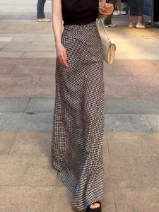 High Waist Plaid Mini Skirt Womens Summer New Style Simple Luxury Versatile Belted Straight Long Skirt Korean Style Commute