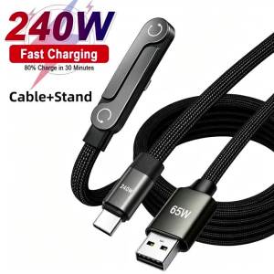 240W PD Fast Charging USB to Type C Cable Foldable Phone Stand Braided Charger Cord For iPhone 17 16 15 Mobile Game Holder Cable