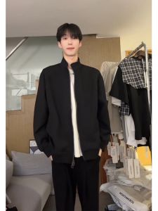 Black Fleece Lined Open Cardigan Sweatshirt Mens Short Jacket Stand Collar Autumn Winter New Style Youth Popular Male Outerwear