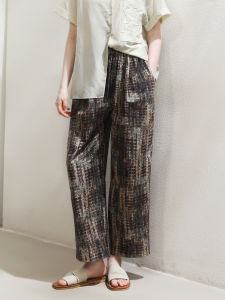 Miccbeirn | Silk Cotton Wide Leg Pants Vintage Print Casual Women High Waist Loose Fit Artistic Thinming Drapey Straight Cut Trousers