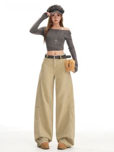 Khaki Retro Wide Leg Jeans Womens Loose Casual Design Straight Long Pants High Waist Zipper Closure Cotton Denim Casual Scene