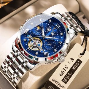 Import POEDAGAR mechanical automatic watch for men waterproof luxury stainless steel tourbillon starry sky calendar watch