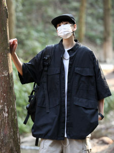 American Style Short Sleeve Shirt Men Summer Quick Dry Workwear Half Sleeve Shirt Trendy Cityboy Stand Collar Jacket