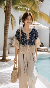 QMissLin Bohemian Embroidered Lace Blouse Women Vintage Floral Crochet Top Casual Loose Fit Vacation Summer Shirt Navy Blue.