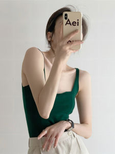 Áo Len Dệt Kim Không Tay Cổ Vuông Màu Xanh Lá Cây Pháp Mỏng Thanh Lịch Mùa Hè Áo Ba Lỗ Nữ Áo Ba Lỗ Không Tay Cổ Vuông Áo Ba Lỗ