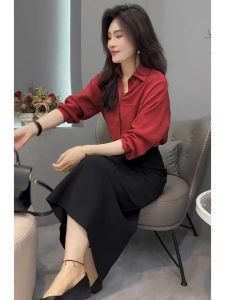 Shalldoer | Womens Red Collar Blouse and High Waist Skirt Set