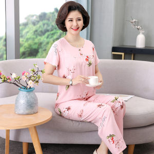 Lightweight Short Sleeve Cotton Silk Pajamas Set for Middle-Aged Women Home Clothes Long Pants round Neck Print Design