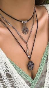 PuRui Vintage Natural Stone Beads Pendent Necklace for Women Crystal Charm Multilayer Rope Choker Neck Chain Jewelry Party Girls