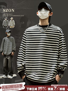 Long Sleeve Cotton Sweatshirt Mens Spring Autumn Loose Casual Hong Kong Style Striped Hoodie American Trendy Brand round Neck