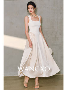 WANGXO | Đầm Voan Ánh Kim Knit Cổ Vuông Ruffle 3D Không Tay A-line Phong Cách Retro