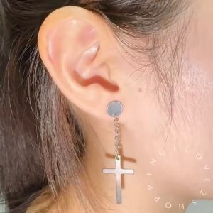 D4 Korean fashion personality simple dumbbell hanging cross earrings 2pcs韩版时尚个性简约哑铃吊十字架耳环钛钢防过敏耳钉耳饰