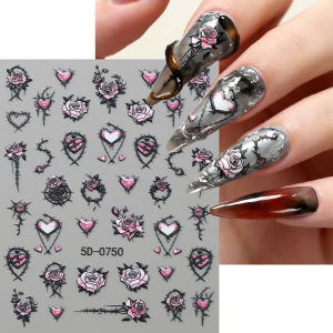 1Pcs 5D Embossed Gothic Thorn Rose Heart Nail Stickers Black Pink Flower Love Self-Adhesive Nails Decals DIY Punk Manicure Decor