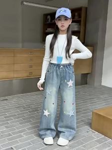 New Loose Jeans for Kids Girls 5-16years old Casual Jeans Teens Girls Denim Jeans High Waist Baggy Pants Straight Leg Maong Pants Wide Leg Trousers Print Jeans Fashion Embroided Design