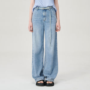 Summer Vintage Blue Straight Leg Trousers with Belt for Women