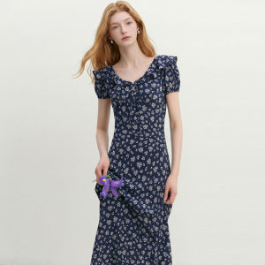Blue French Floral Print Short-Sleeve Fitted Mid-Length Vintage Style Dress
