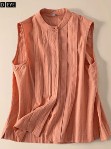 เสื้อเชิ้ตแขนกุดผ้าฝ้ายลินินฤดูร้อนปี 2025 ทรงหลวมๆ สไตล์ลำลอง ทรงเอ คอตั้ง ปกโปโล สีพื้น คอกลม กระดุมสองตัว