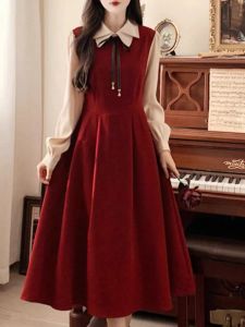 Preppy Style Double-Layer Collar Red Dress Fall and Winter Plus Size Plus Size Ladies Tight Waist Slimming False Two-Piece Corduroy Dress