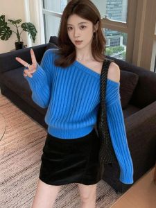 Korean Style Autumn Winter Blue Off-Shoulder Sweater Soft Cozy Lazy Style Unique Design Lightweight Luxury Feel Commute Fashion