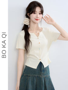 Pokaqi Summer New V-neck Short Sleeve Slim Fit Short T-shirt Womens Knitted Versatile Top Macaron Color Pure Color Commute