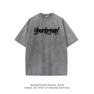 WUKONGYOUHUO | Áo Thun Tay Ngắn In Chữ American Vintage Đã Giặt Xù