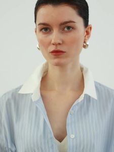 Contrast Collar Blue Stripe Blouse Cotton Blend