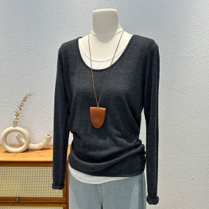 Womens Knitted Long Sleeve T-Shirt Color Block Versatile Base Layer Shirt Korean Style Early Autumn Design Sensation Top