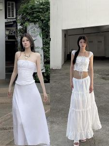 INS Fashion Wind 2024 Summer New Arrival Sweet Tube Top Shoelace Lace Vest Long Patchwork Skirt Suit