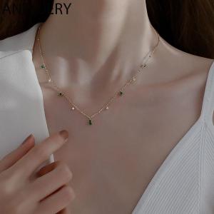 ANENJERY Silver Color Choker Necklace for Women Exquisite Green Zircon Clavicle Chain Necklace Gifts