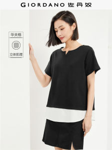 Áo Thun Nữ Tay Ngắn Giordano Mùa Hè Mới Thời Trang Kẻ Caro Cổ Chữ V Nhỏ Xếp Ly Dài Thường Ngày Cotton Polyester