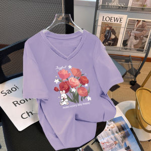 Áo Thun Cotton Cổ Chữ V Tay Ngắn Mùa Hè Cho Nữ Dáng Rộng Thoải Mái Thời Trang Thường Ngày Phong Cách Hàn Quốc Cỡ Lớn