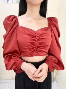8 Warna - Lolly Crop Top Import - Blus Lengan Panjang - Satin Premium Quality - Elegan - Baju Kondangan Pesta Formal Korea style Blouse Sabrina