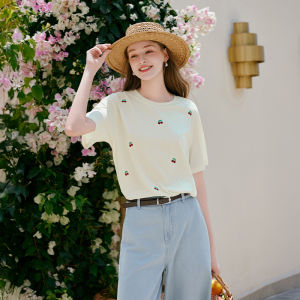 XIANGYING | Embroidered Cherry Short Sleeve T-Shirt Loose Round Neck